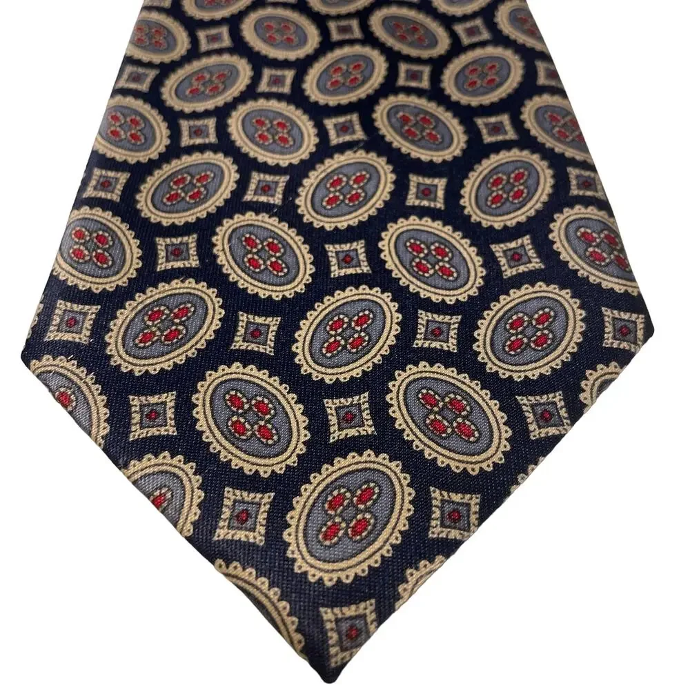 Vintage Merceds Hand Made 100% Silk Tie Navy Cream and Red Geometric Design EUC - Picture 5 of 8